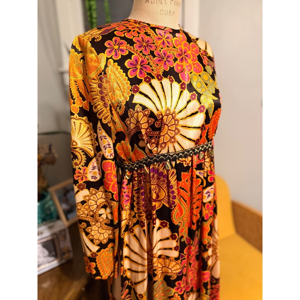 Vintage 1970s Maxi Tunic Dress High Slit Satin Boho Floral Print Long Sleeve - M - Picture 3 of 10